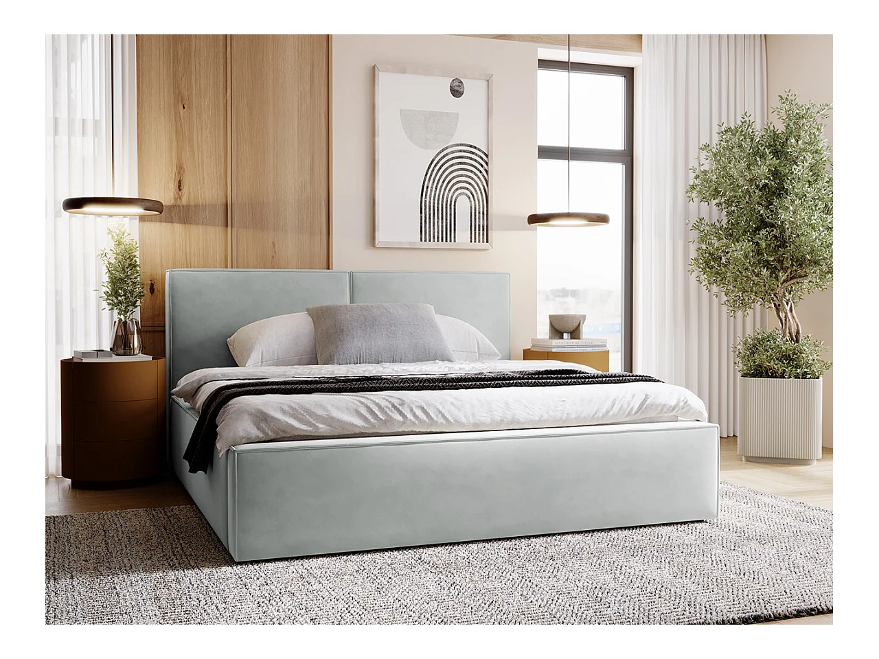 Lit TrendyNest 117, Double, Gris, 200x200, Tapisserie, Sommier à lattes, 220x223x98cm