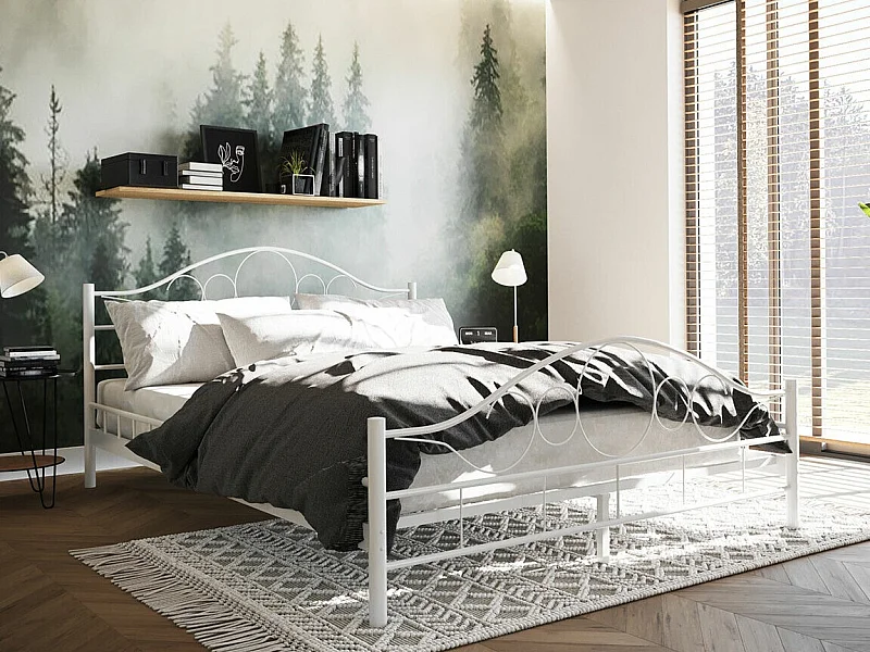 Lit Elmira 100, Double, Blanc, 140x200, Métal, Sommier à lattes, 147x207x89cm