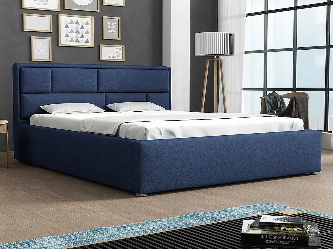 Cama Pomona 104, Doble, Azul, 200x200, Tapiz, Somieres, 220x223x93cm
