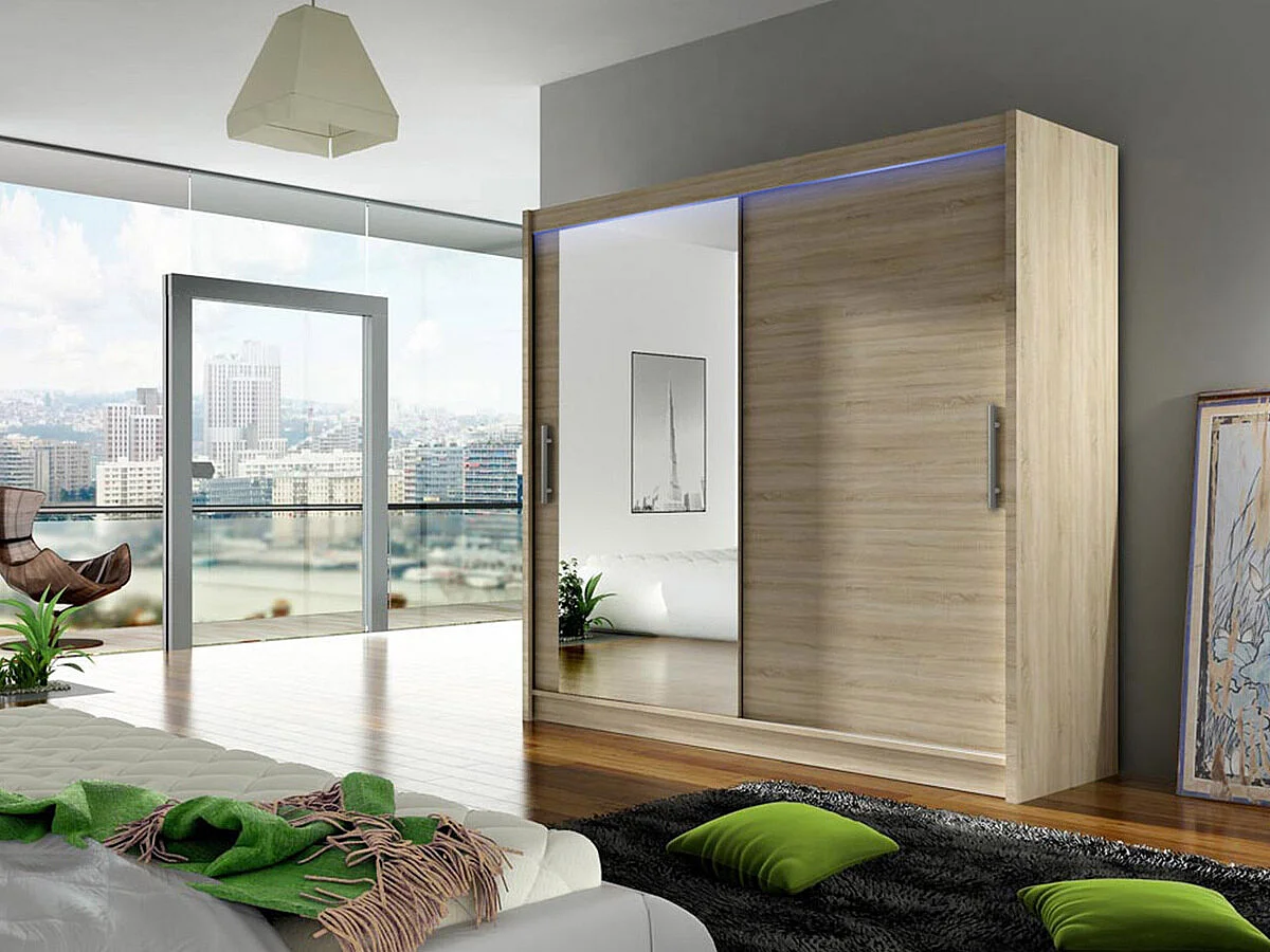 Armario Closico 107, Roble Sonoma, 215x180x58cm, Puertas de armario: Correderas