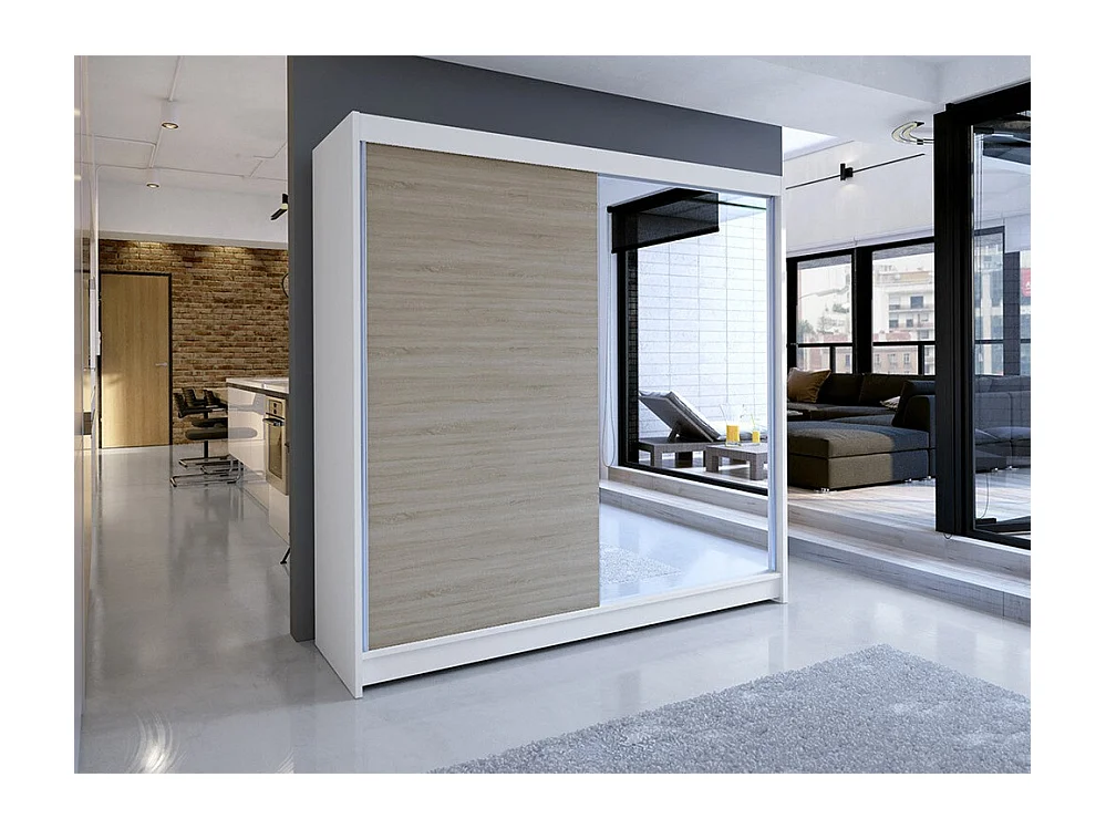 Armoire Closico 137, Sonoma chêne|Blanc, 215x180x58cm, Portes d'armoire: Coulissantes