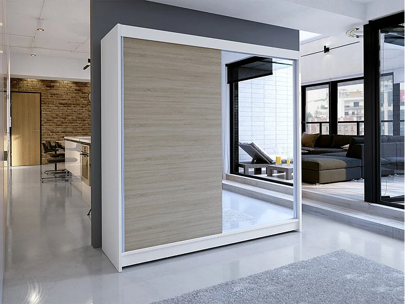 Armario Closico 137, Roble Sonoma|Blanco, 215x180x58cm, Puertas de armario: Correderas