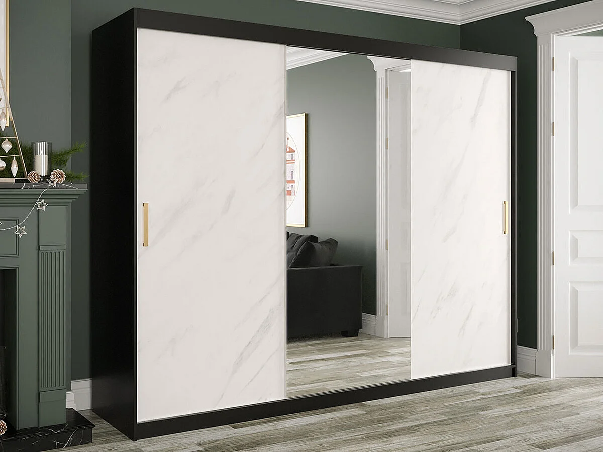 Armoire Hartford 257, Noir mat|Marbre blanc, 200x250x62cm, Portes d'armoire: Coulissantes