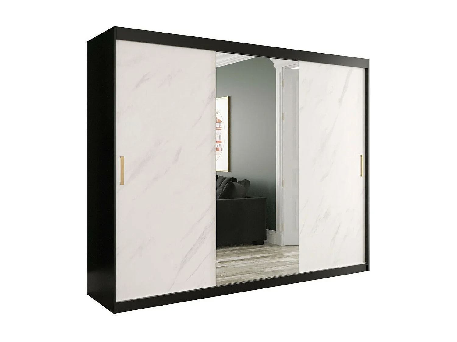 Armoire Hartford 257, Noir mat|Marbre blanc, 200x250x62cm, Portes d'armoire: Coulissantes