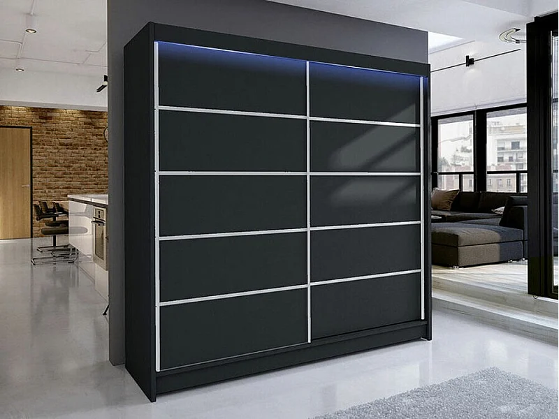 Armoire Closico 153, Noir, 215x180x58cm, Portes d'armoire: Coulissantes