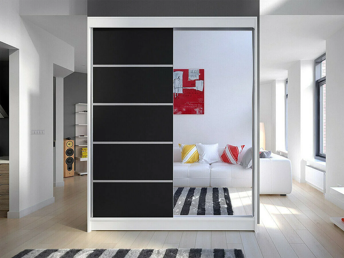 Armario Closico 143, Negro|Blanco, 200x150x58cm, Puertas de armario: Correderas