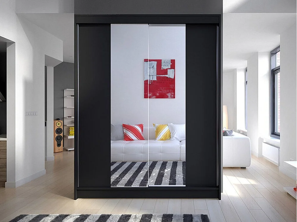 Armario Closico 141, Negro, 200x150x58cm, Puertas de armario: Correderas