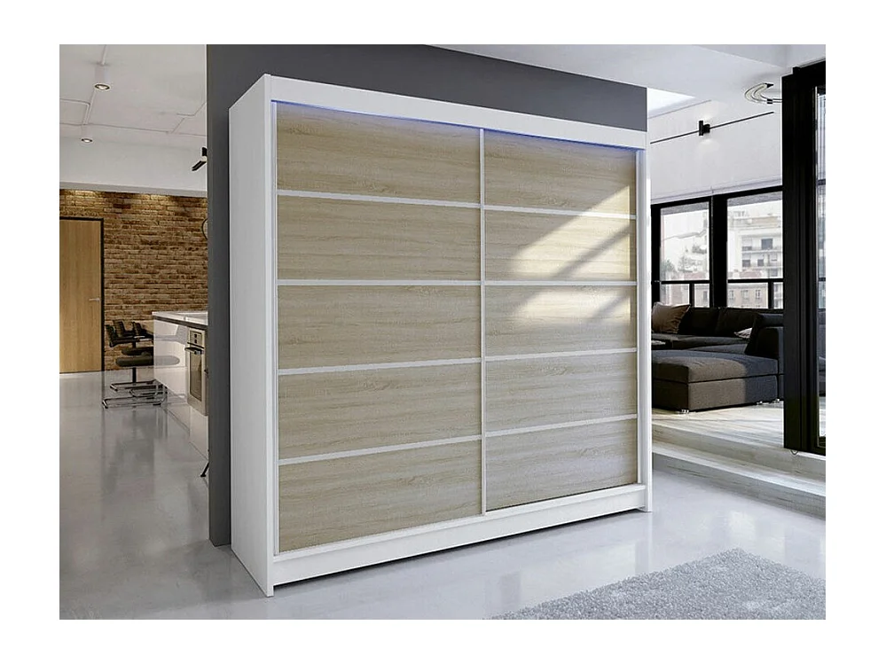 Armoire Closico 153, Sonoma chêne|Blanc, 215x180x58cm, Portes d'armoire: Coulissantes