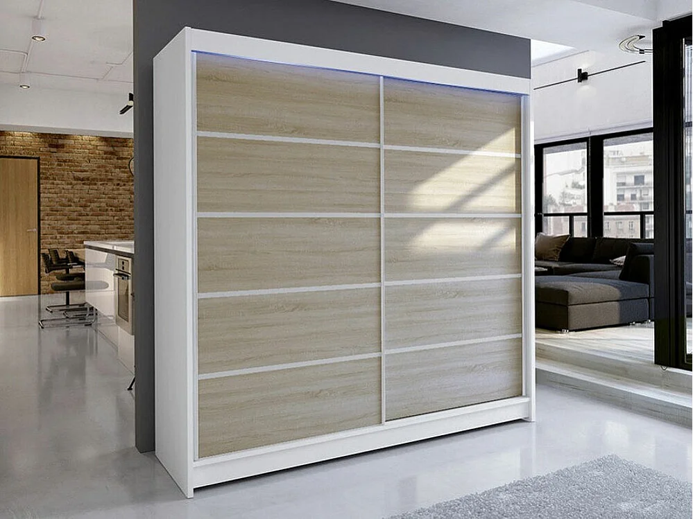 Armoire Closico 153, Sonoma chêne|Blanc, 215x180x58cm, Portes d'armoire: Coulissantes