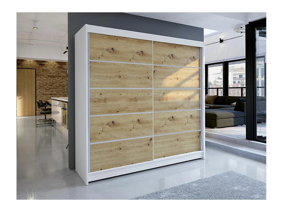Armoire Closico 153, Blanc|Chêne Artisan, 215x180x58cm, Portes d'armoire: Coulissantes