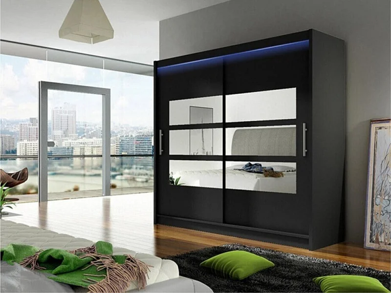 Armario Closico 101, Negro, 215x180x58cm, Puertas de armario: Correderas