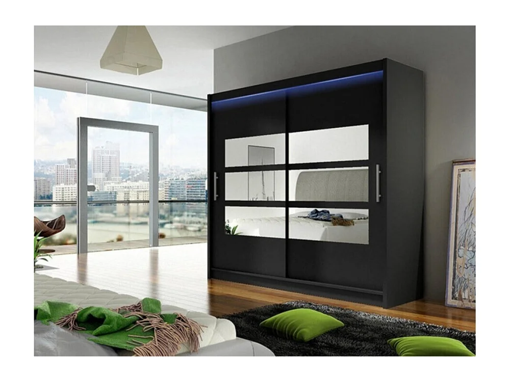 Armoire Closico 101, Noir, 215x180x58cm, Portes d'armoire: Coulissantes