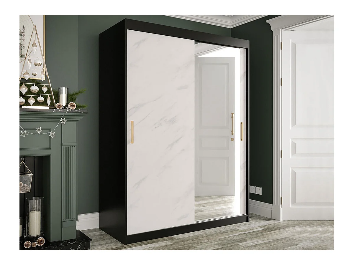 Armoire Hartford 260, Marbre blanc|Noir mat, 200x150x62cm, Portes d'armoire: Coulissantes