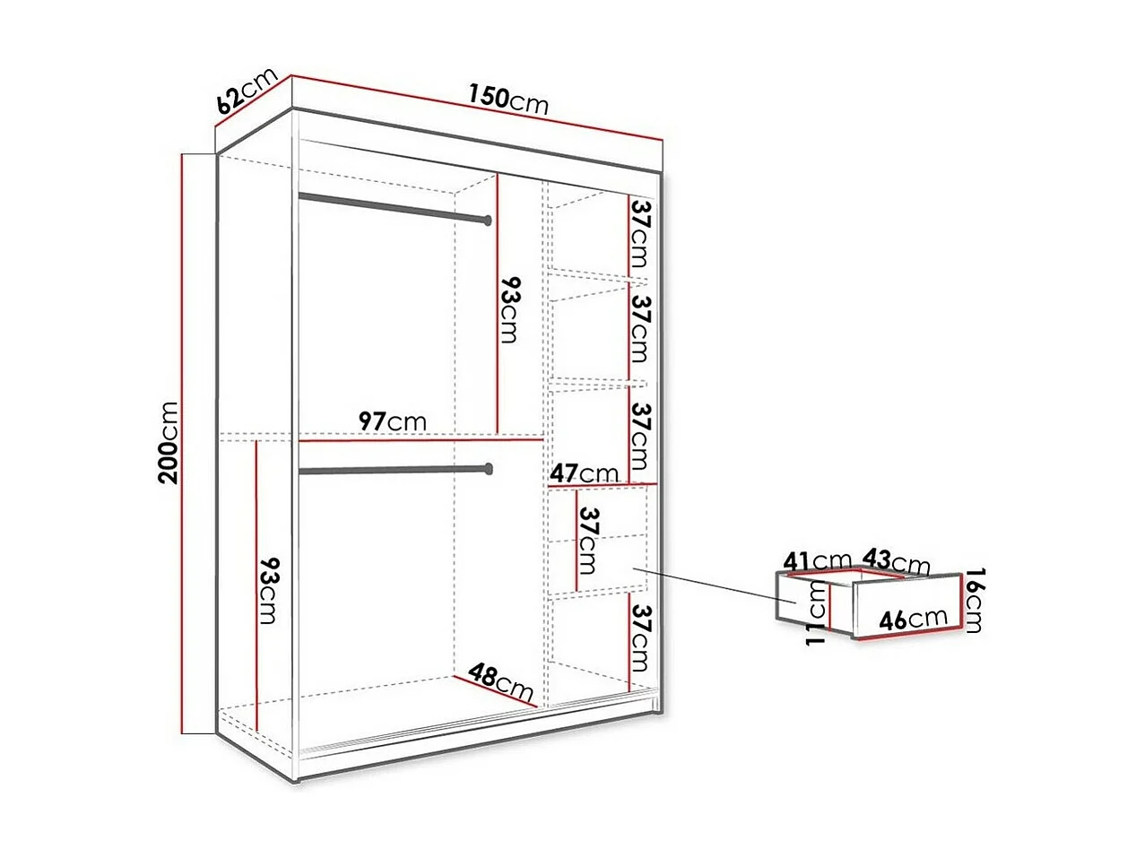 Armoire Hartford 260, Noir mat|Marbre blanc, 200x150x62cm, Portes d'armoire: Coulissantes