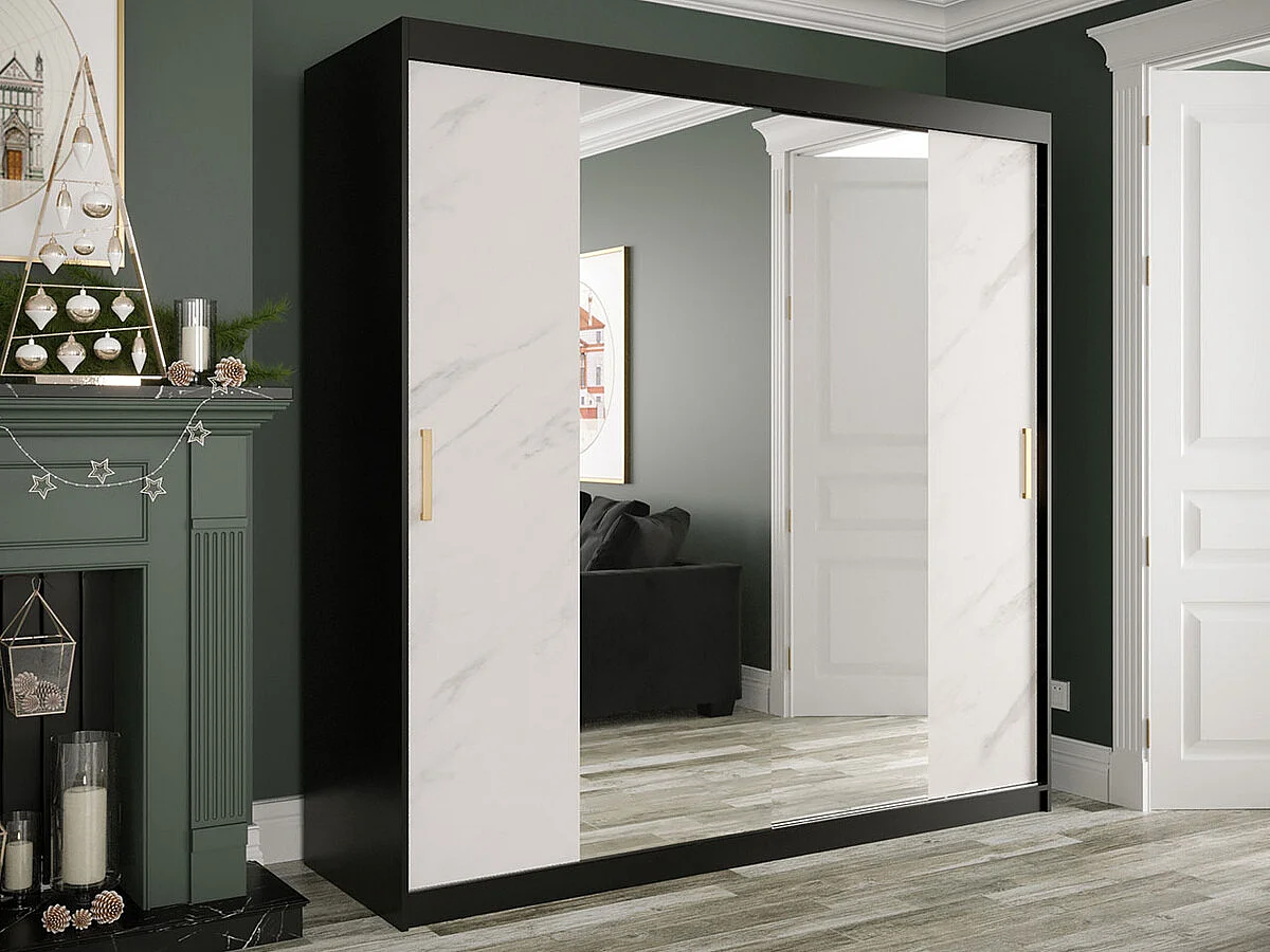 Armoire Hartford 256, Marbre blanc|Noir mat, 200x200x62cm, Portes d'armoire: Coulissantes