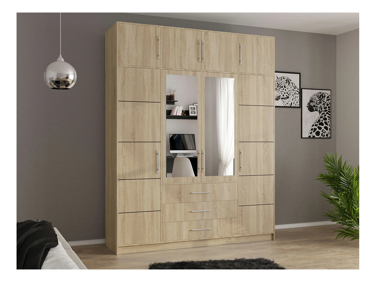 Armoire Dortivu 147, Sonoma chêne, 245x196x58cm, Portes d'armoire: Avec des charnières