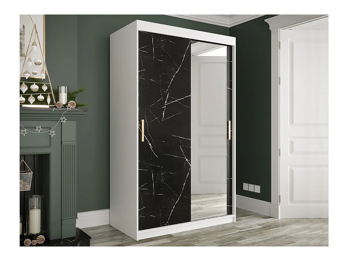 Armario Hartford 259, Mate blanco|Mármol negro, 200x120x62cm, Número de estantes: 4