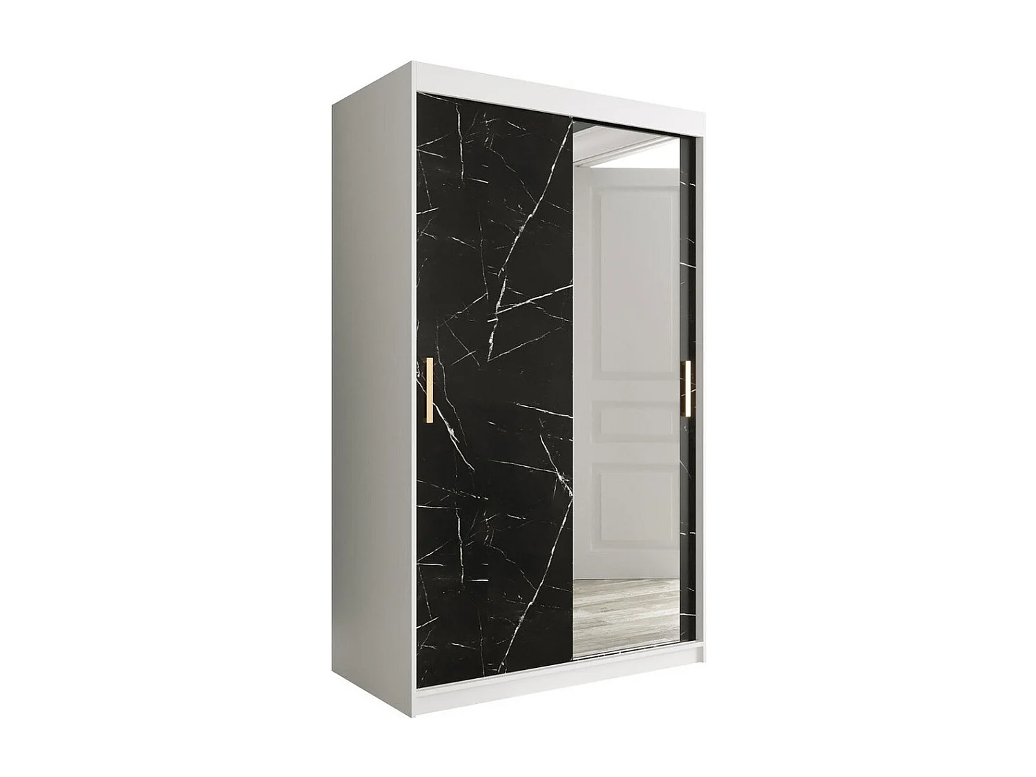 Armoire Hartford 259, Marbre noir|Mat blanc, 200x120x62cm, Portes d'armoire: Coulissantes