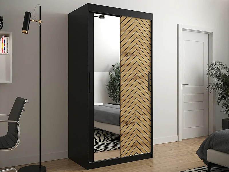Armoire Hartford 307, Chêne Artisan|Noir, 200x100x62cm, Portes d'armoire: Coulissantes