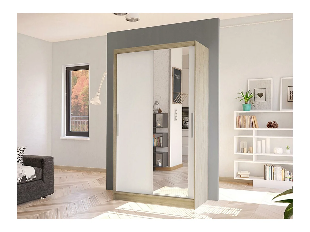 Armoire Closico 164, Sonoma chêne|Blanc, 200x100x58cm, Portes d'armoire: Coulissantes