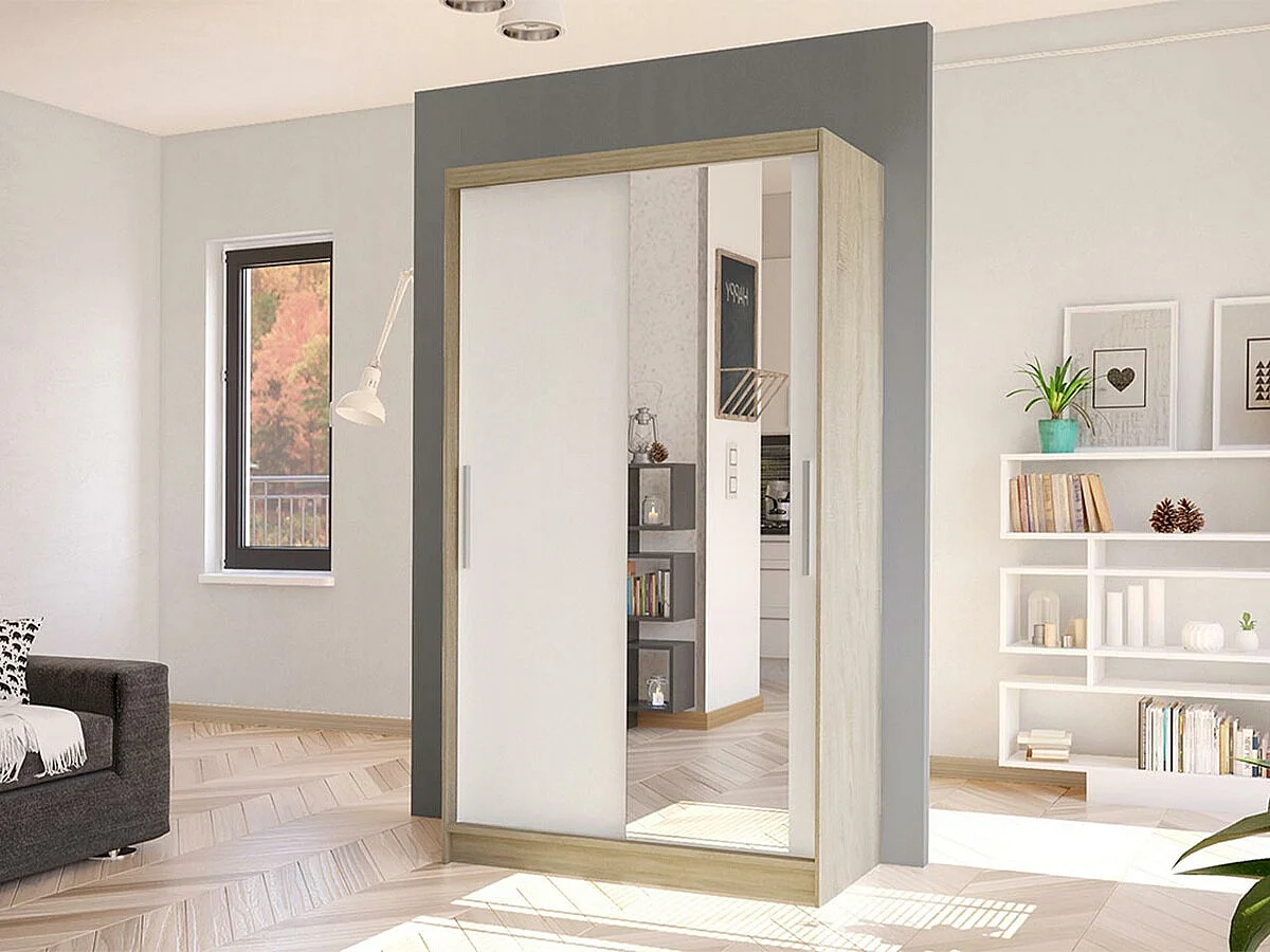 Armario Closico 164, Roble Sonoma|Blanco, 200x100x58cm, Puertas de armario: Correderas