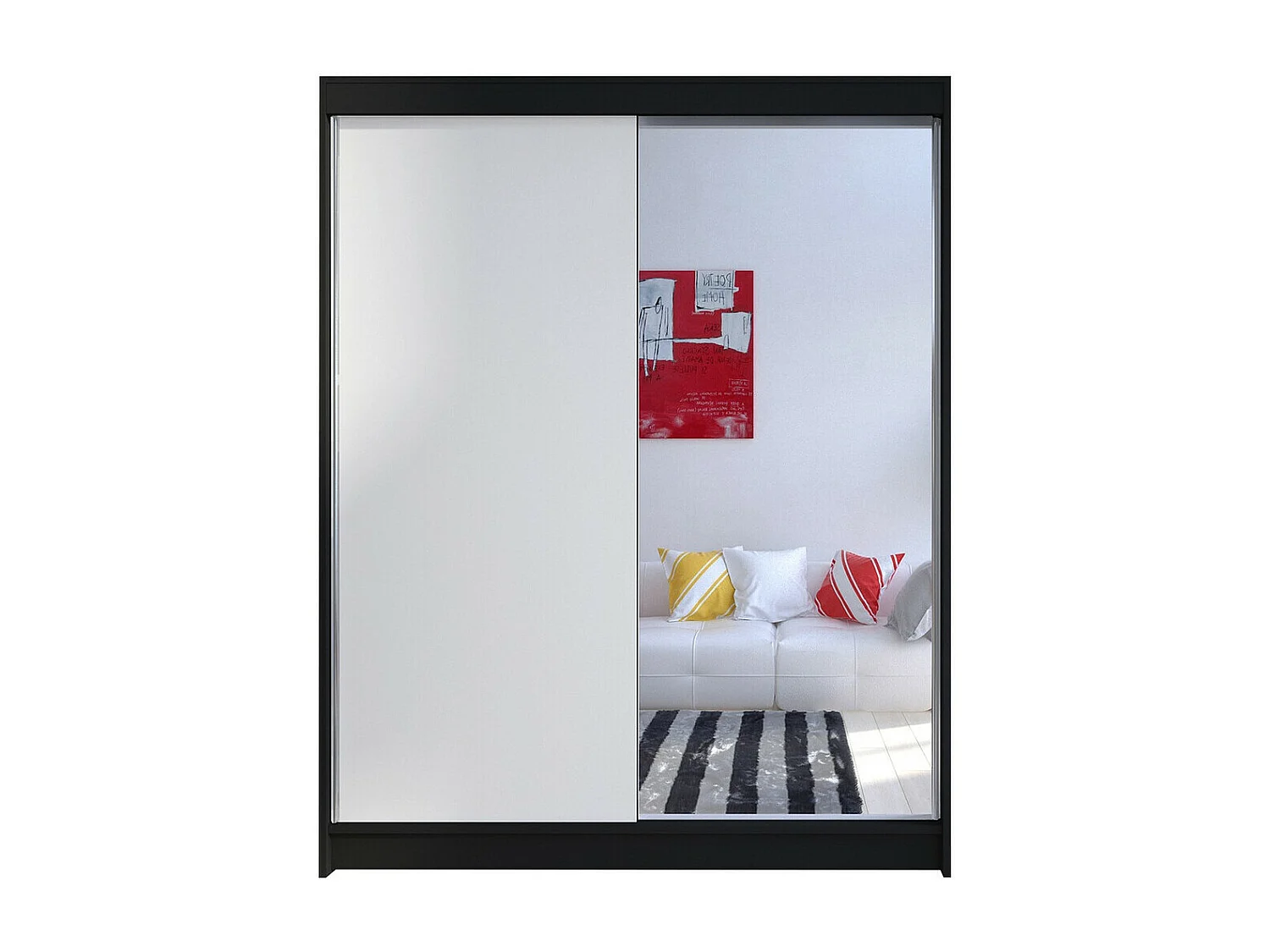 Armoire Closico 140, Blanc|Noir, 200x150x58cm, Portes d'armoire: Coulissantes