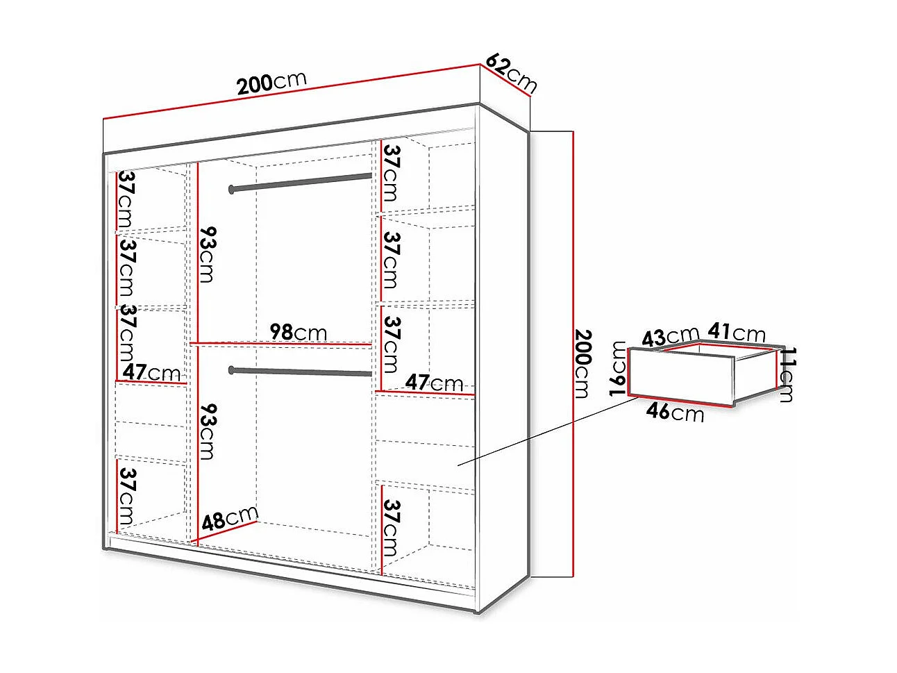 Armoire Hartford 315, Blanc|Noir, 200x200x62cm, Portes d'armoire: Coulissantes