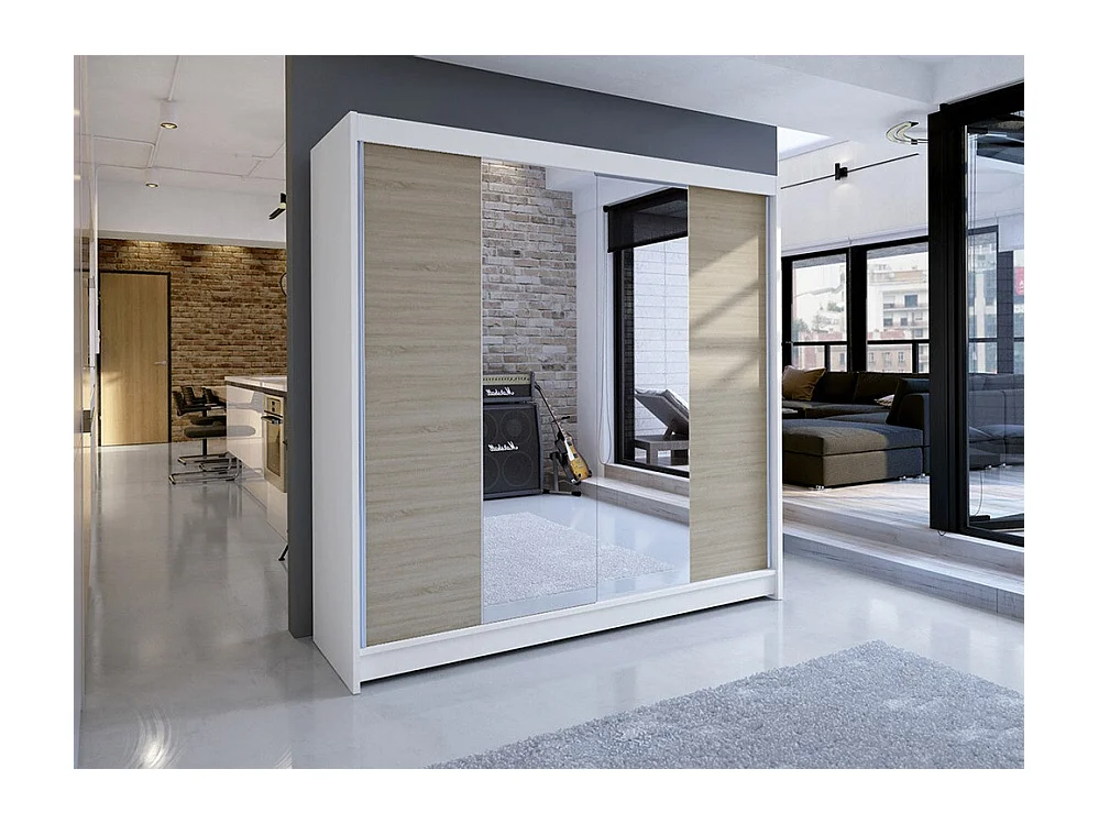 Armoire Closico 138, Sonoma chêne|Blanc, 215x180x58cm, Portes d'armoire: Coulissantes