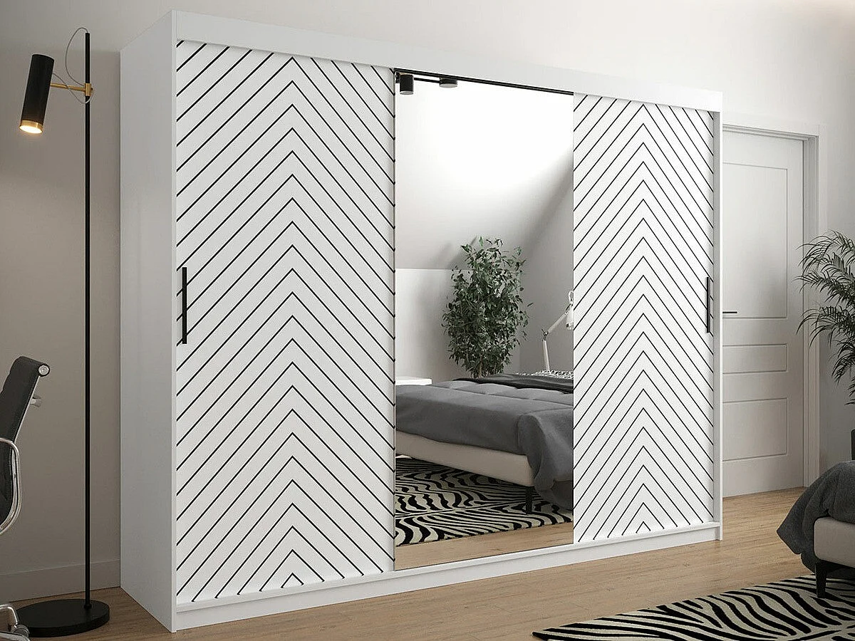 Armoire Hartford 317, Blanc|Noir, 200x250x62cm, Portes d'armoire: Coulissantes