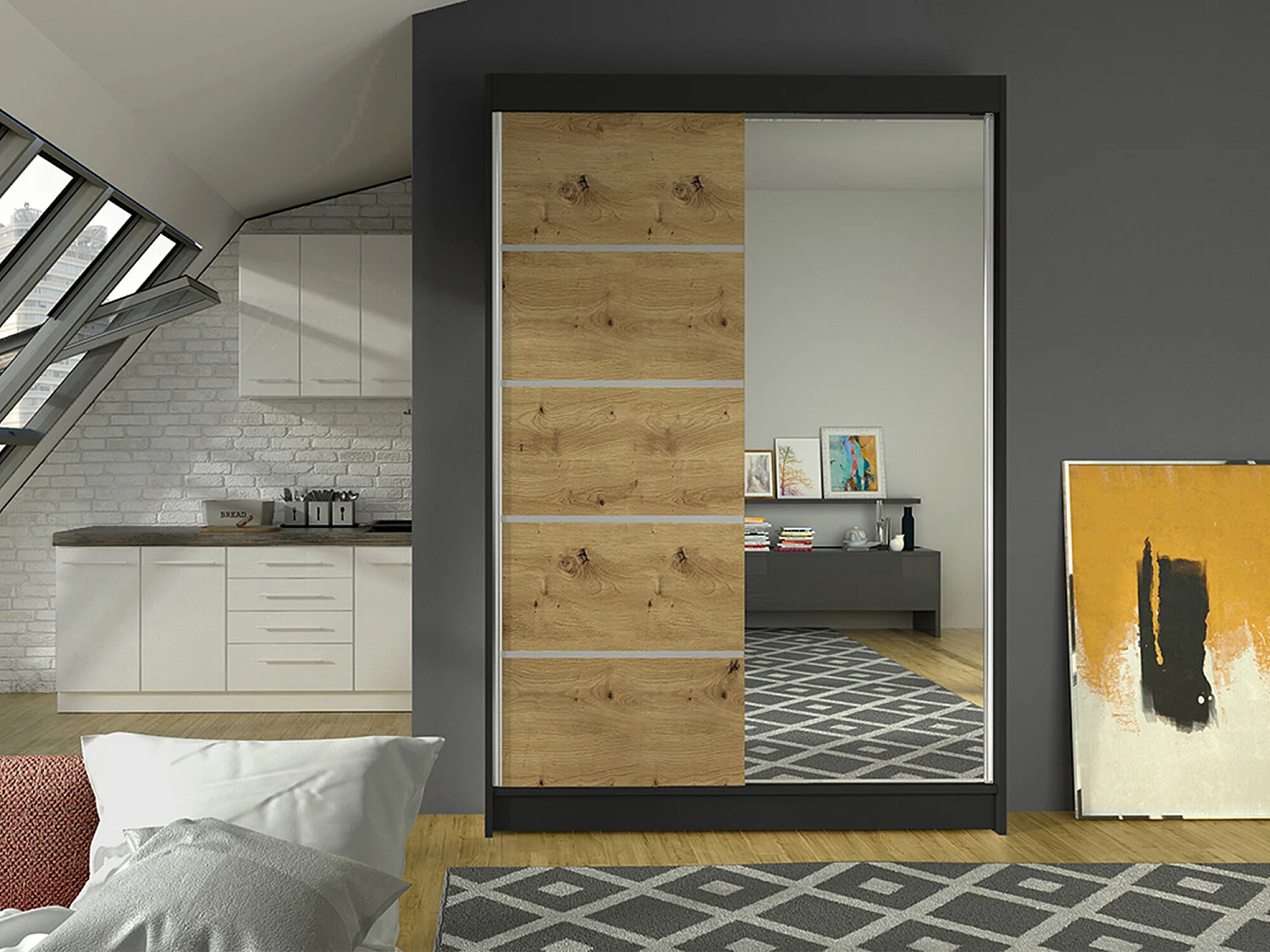 Armoire Closico 149, Noir|Chêne Artisan, 200x120x58cm, Portes d'armoire: Coulissantes