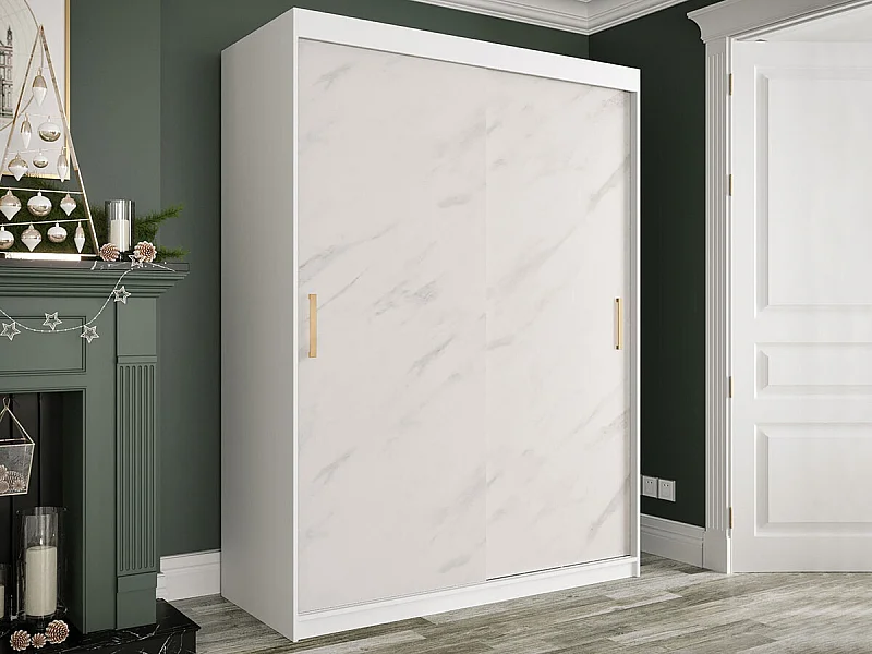 Armoire Hartford 248, Marbre blanc|Mat blanc, 200x150x62cm, Nombre d'étagères: 5