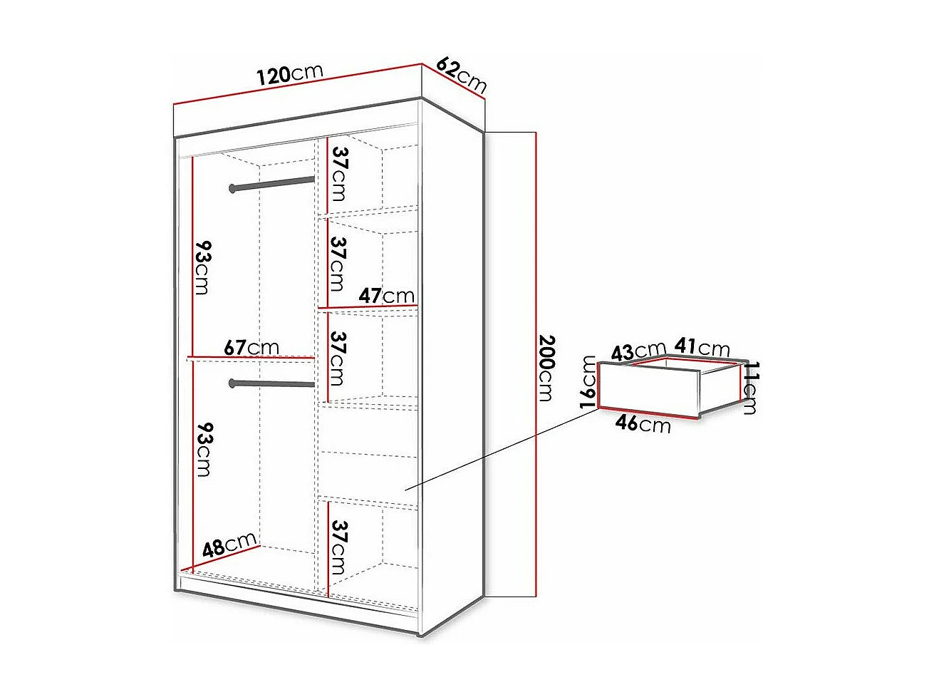 Armoire Hartford 309, Noir|Blanc, 200x120x62cm, Portes d'armoire: Coulissantes