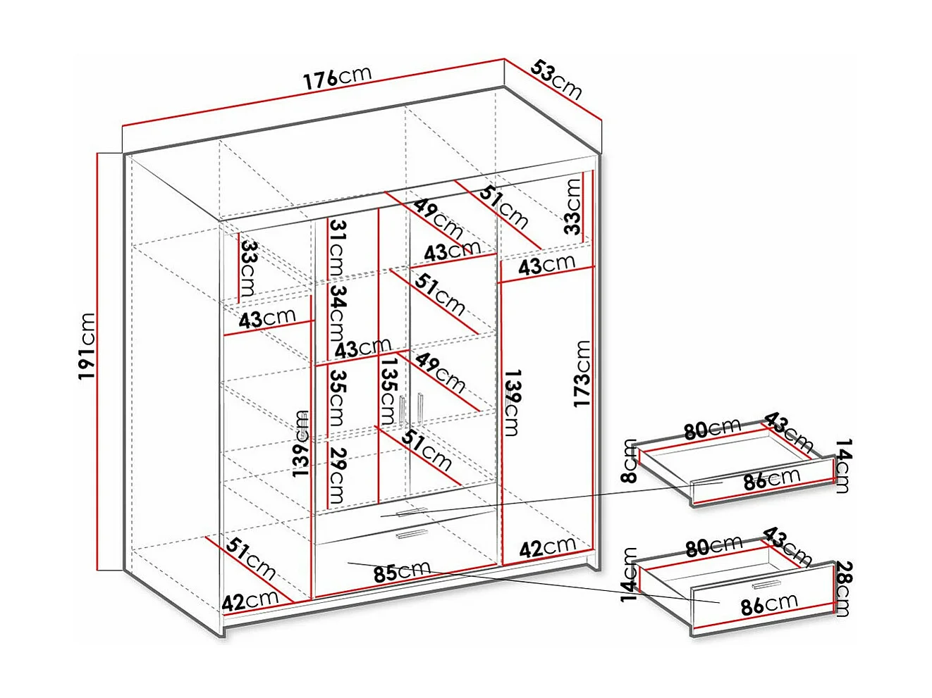 Armario Novduni 107, Blanco, 191x176x53cm, Puertas de armario: Con bisagras