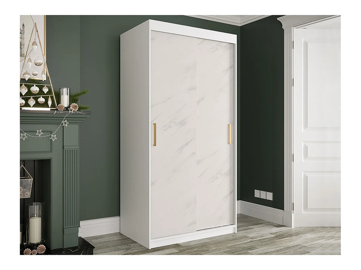 Armoire Hartford 246, Mat blanc|Marbre blanc, 200x100x62cm, Nombre d'étagères: 4