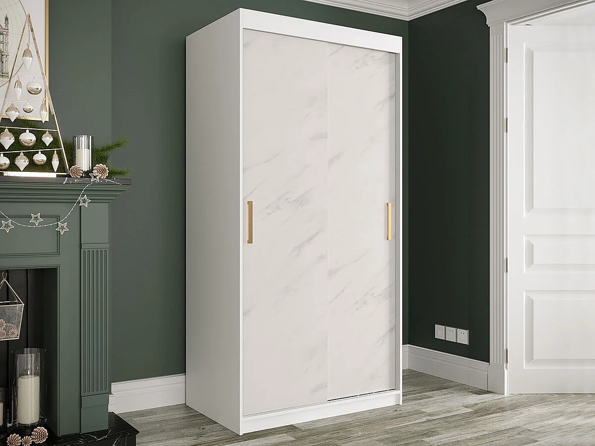 Armadio Hartford 246, Marmo bianco|Opaca bianco, 200x100x62cm, Porte armadi: Scorrevoli