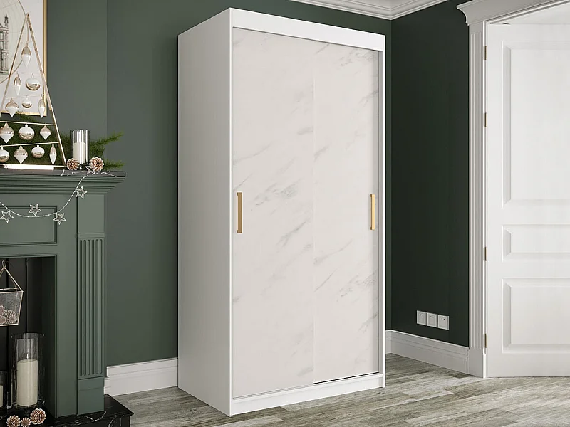 Armadio Hartford 246, Marmo bianco|Opaca bianco, 200x100x62cm, Porte armadi: Scorrevoli