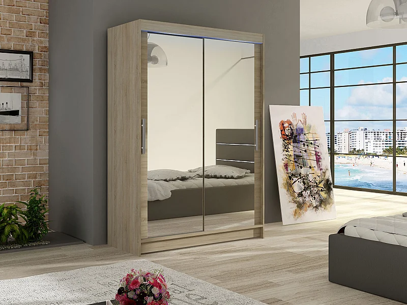 Armario Closico 129, Roble Sonoma, 200x120x58cm, Puertas de armario: Correderas