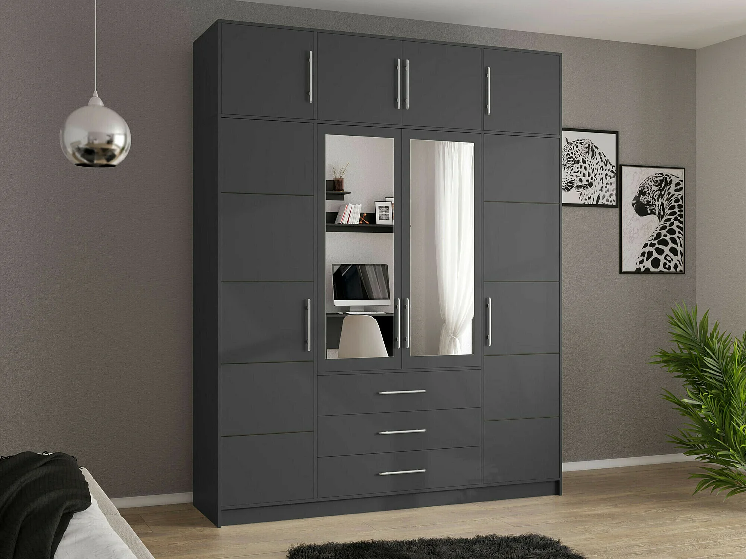 Armoire Dortivu 147, Graphite, 245x196x58cm, Portes d'armoire: Avec des charnières