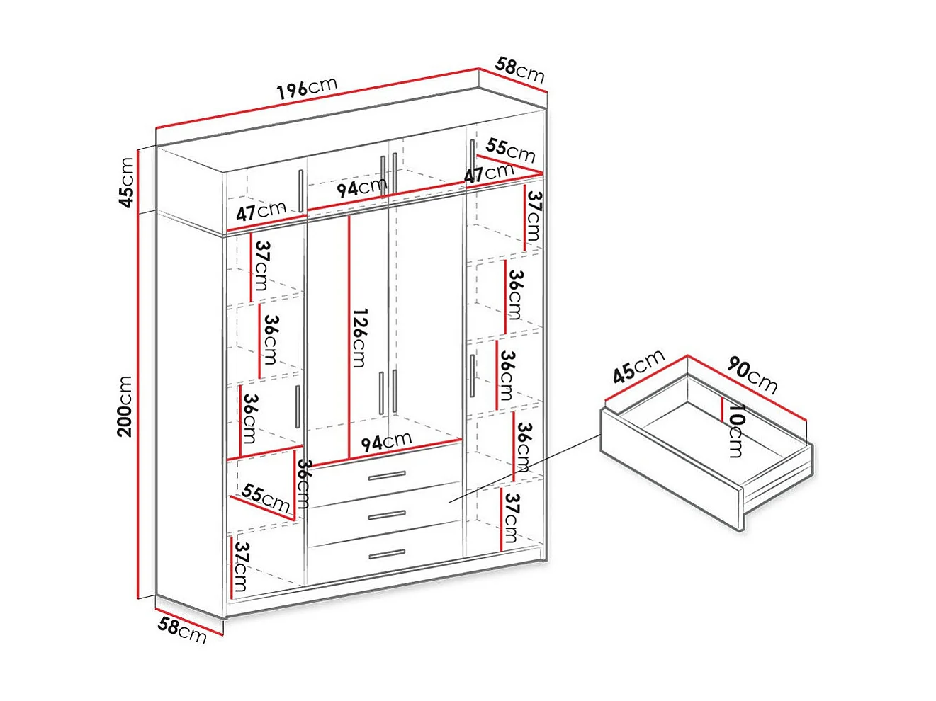 Armoire Dortivu 147, Graphite, 245x196x58cm, Portes d'armoire: Avec des charnières