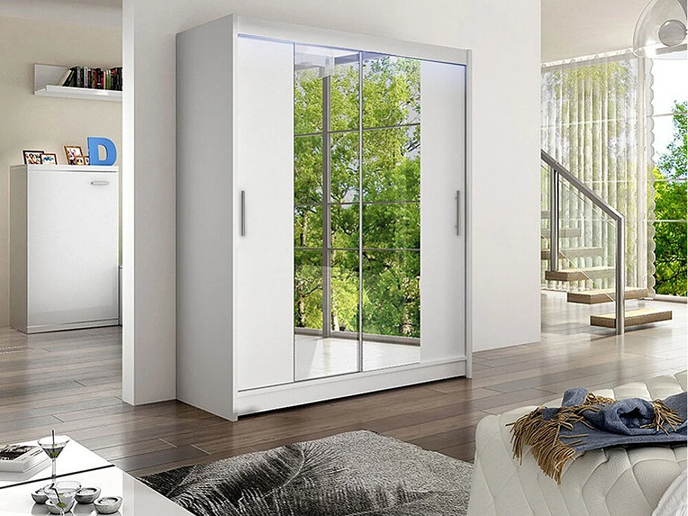 Armoire Closico 132, Blanc, 200x150x58cm, Portes d'armoire: Coulissantes