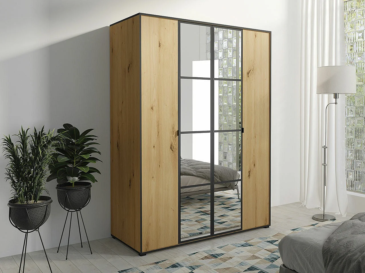 Armario Toledo 117, Negro|Roble Artisan, 206x150x65cm, Puertas de armario: Con bisagras