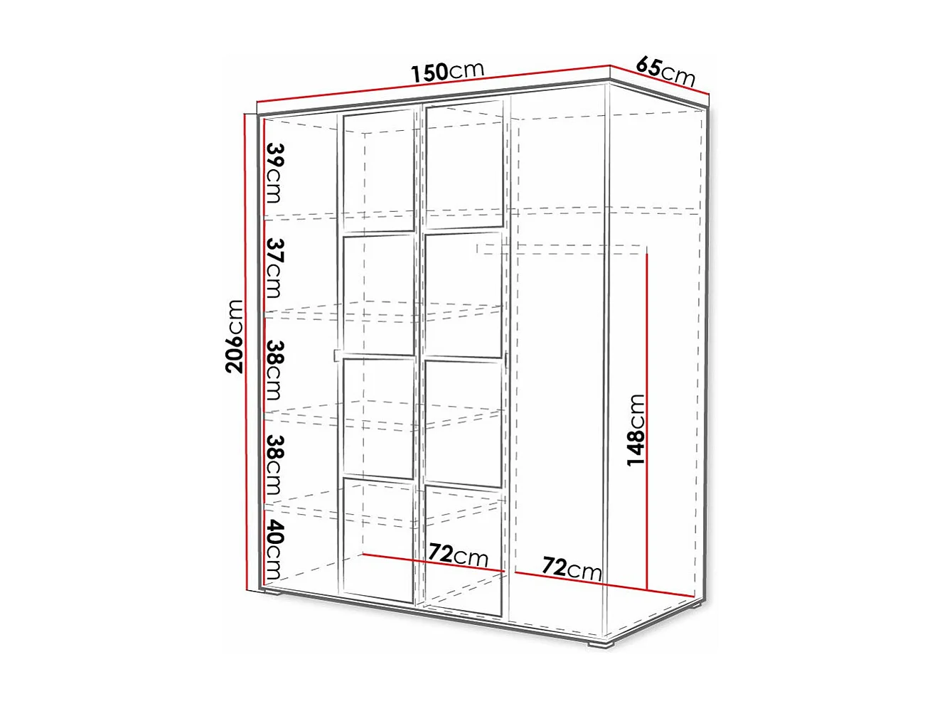 Armario Toledo 117, Negro|Roble Artisan, 206x150x65cm, Puertas de armario: Con bisagras