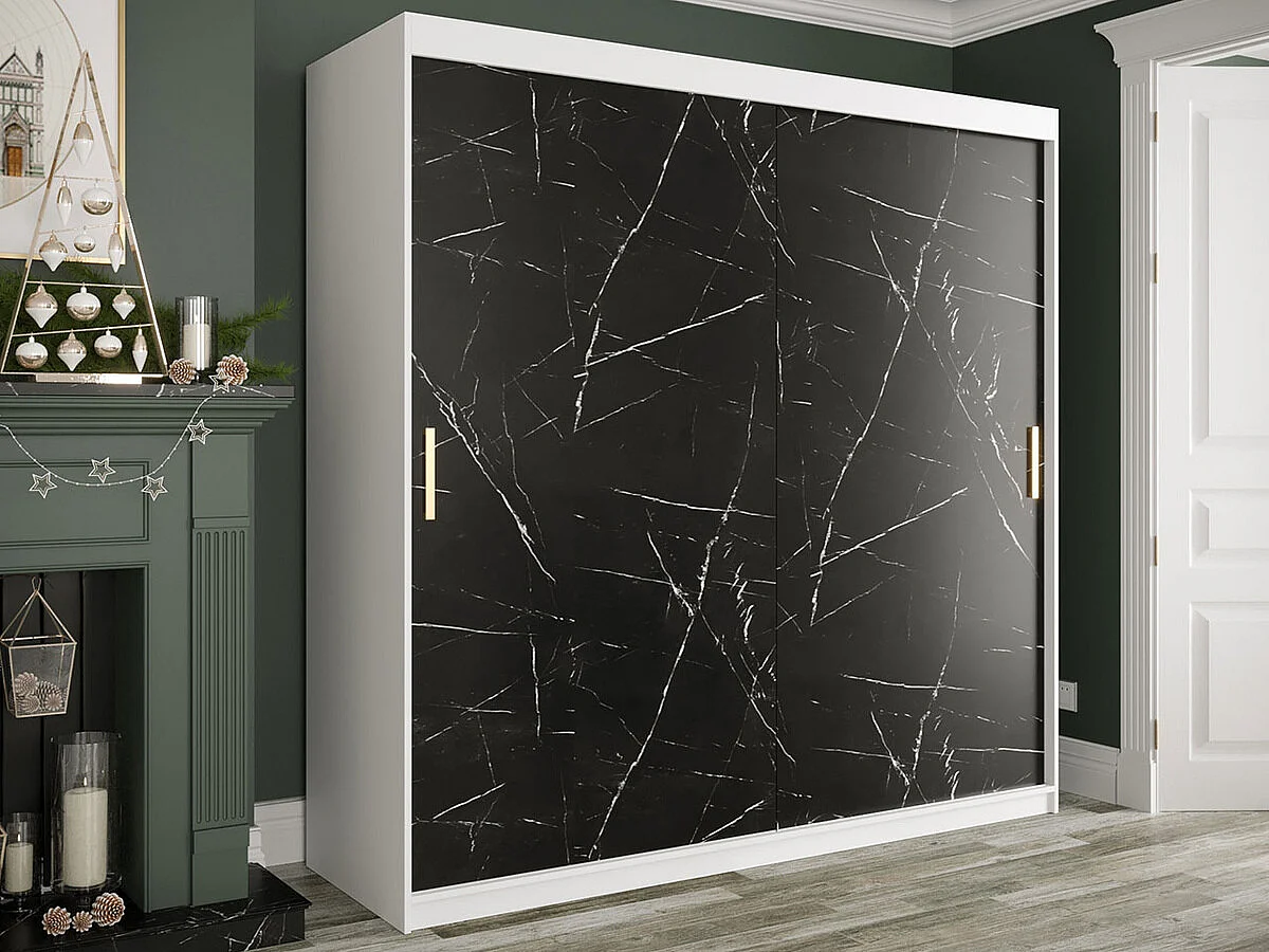 Armario Hartford 250, Mármol negro|Mate blanco, 200x200x62cm, Número de estantes: 9