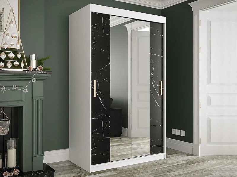 Armoire Hartford 253, Marbre noir|Mat blanc, 200x120x62cm, Portes d'armoire: Coulissantes