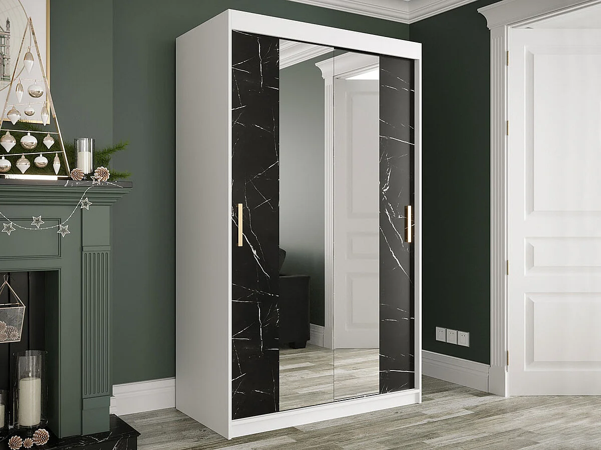 Armoire Hartford 253, Marbre noir|Mat blanc, 200x120x62cm, Portes d'armoire: Coulissantes