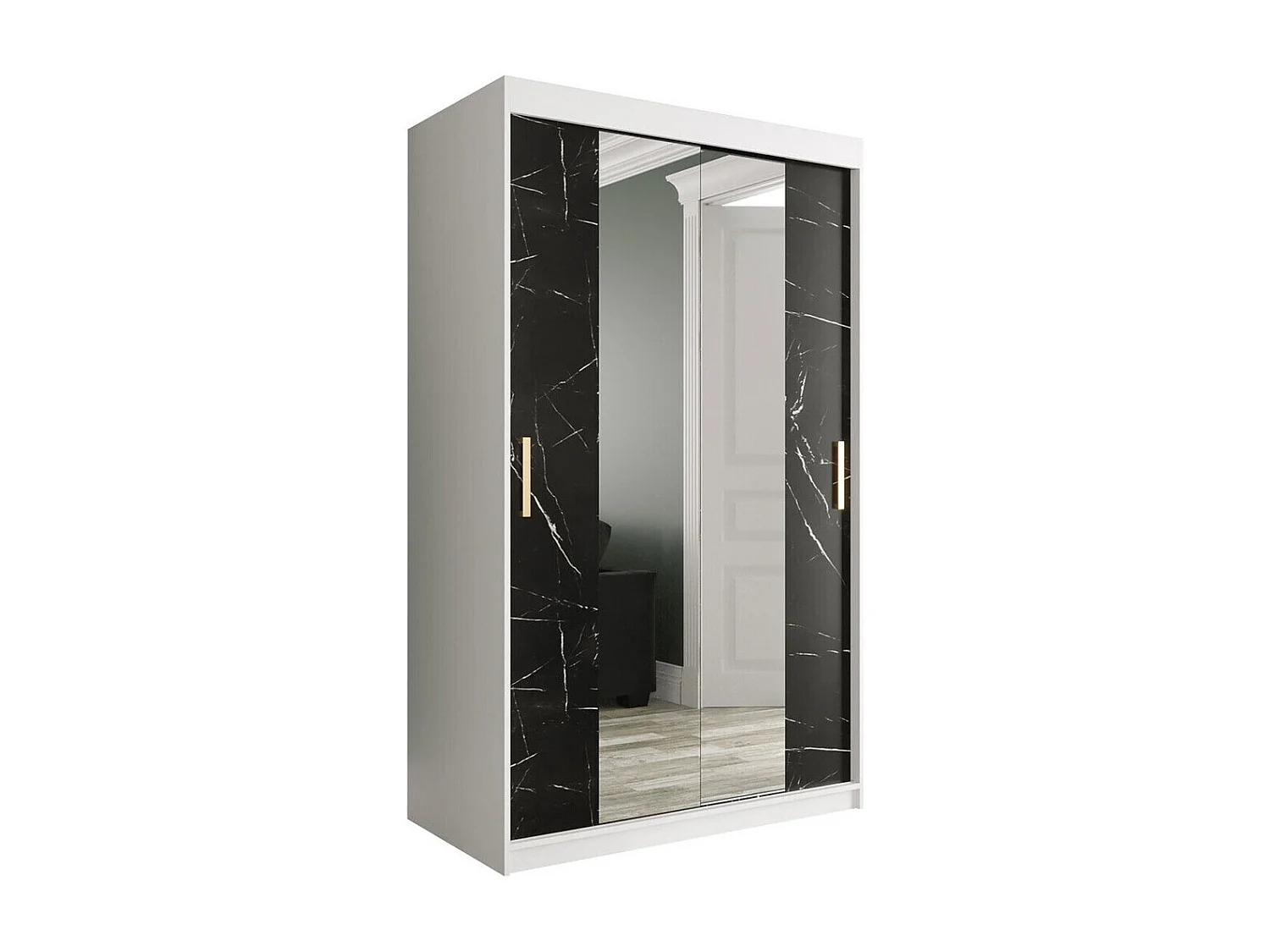 Armoire Hartford 253, Marbre noir|Mat blanc, 200x120x62cm, Portes d'armoire: Coulissantes
