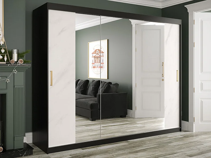 Armoire Hartford 263, Noir mat|Marbre blanc, 200x250x62cm, Portes d'armoire: Coulissantes