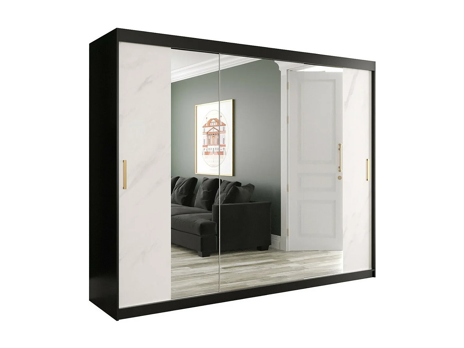 Armario Hartford 263, Mármol blanco|Negro mate, 200x250x62cm, Número de estantes: 9