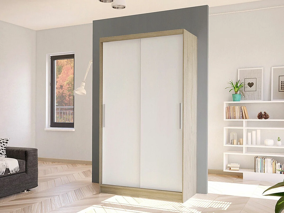 Armoire Closico 162, Sonoma chêne|Blanc, 200x100x58cm, Portes d'armoire: Coulissantes