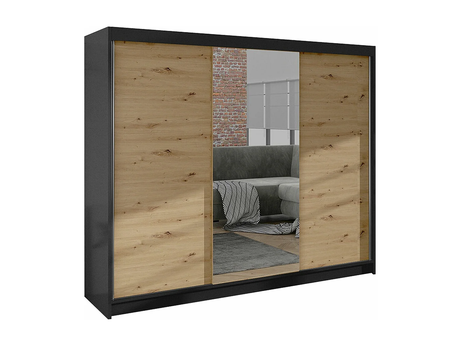 Armario Closico 158, Negro|Roble Artisan, 215x200x58cm, Puertas de armario: Correderas